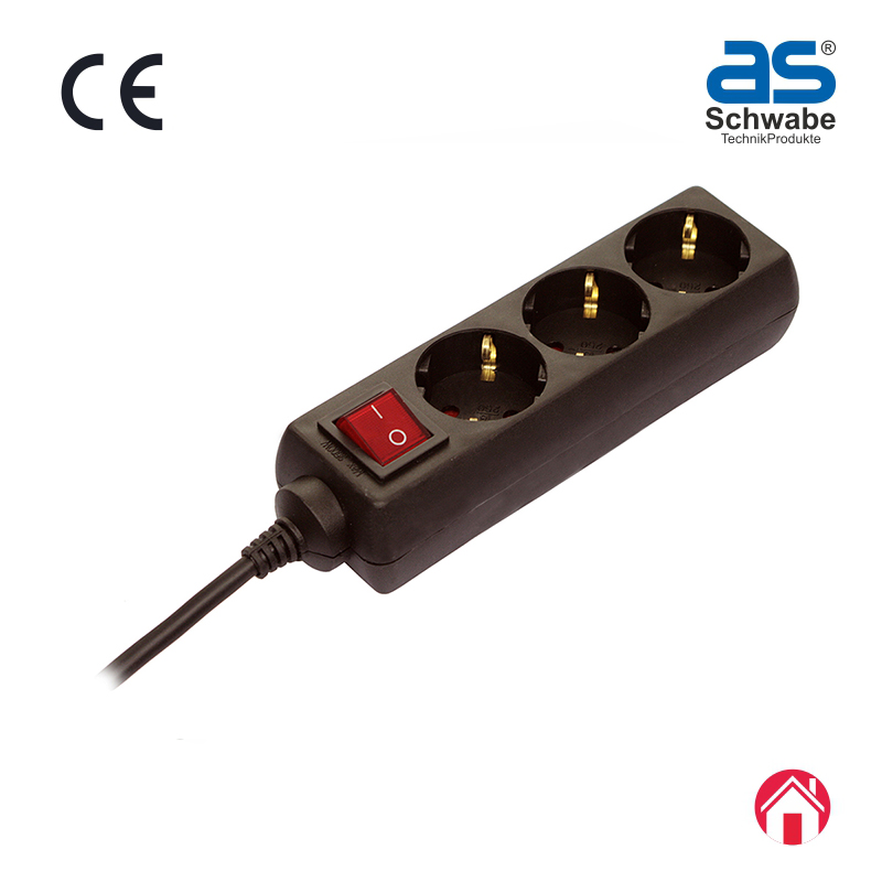 Удлинитель с выключателем as - Schwabe, 3 розетки, кабель 1.4 м, H05VV-F 3G1.5, IP20, черный 11362