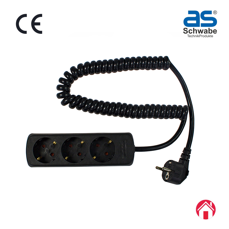 Удлинитель со спиральным кабелем as - Schwabe, 3 розетки, кабель 2.5 м, H05VV-F 3G1.5, IP20, черный 11432