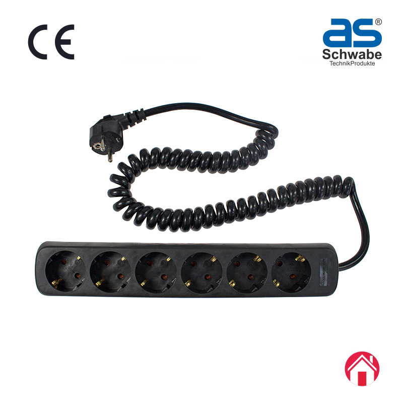 Удлинитель со спиральным кабелем as - Schwabe, 6 розеток, кабель 2.5 м, H05VV-F 3G1.5, IP20, черный 11462