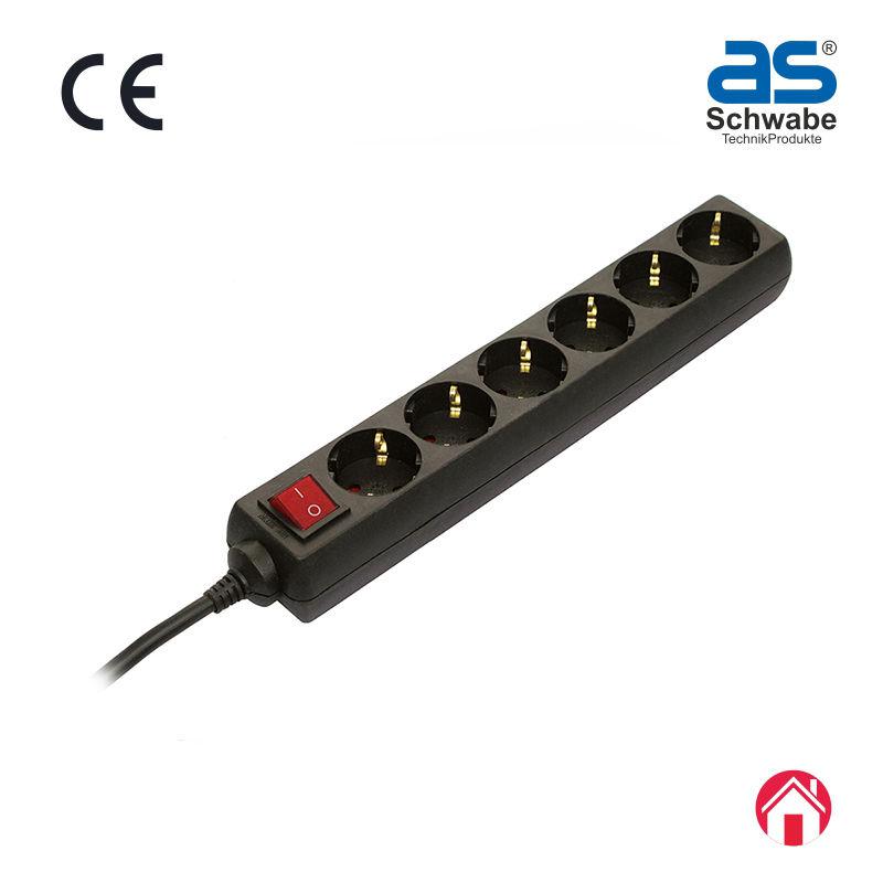 Удлинитель с выключателем as - Schwabe, 5 розеток, кабель 1.4 м, H05VV-F 3G1.5, IP20, черный 35012