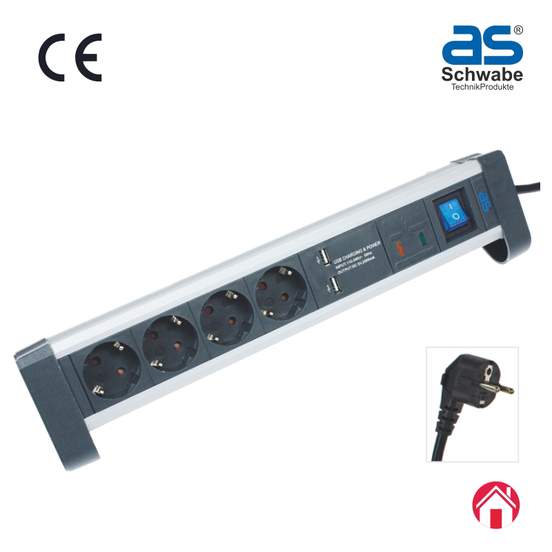 Настольный сетевой фильтр as - Schwabe Alux, 4 розетки, кабель 1.5 м, H05VV-F 3G1.5, IP20, USB, черный 18361
