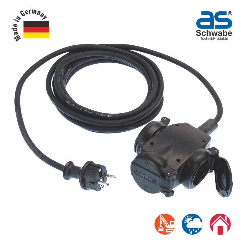 Удлинитель as - Schwabe 3 розетки, кабель 0.3 м, H07RN-F 3G1.5, IP44, черный 60450