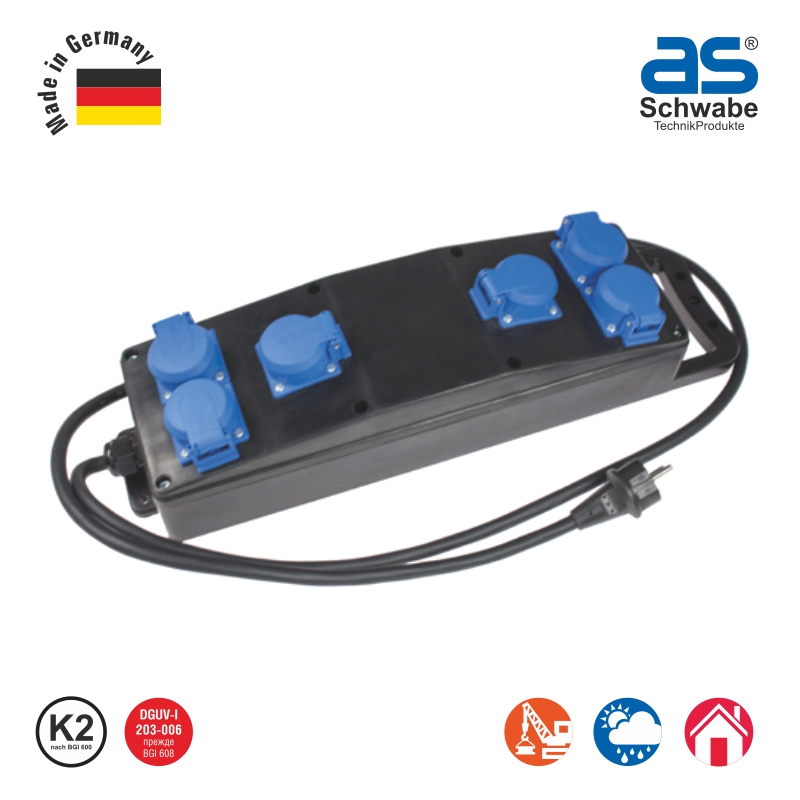 Силовой удлинитель as - Schwabe S1 6 розеток, кабель 2 м, H07RN-F 3G2.5, 230 В, 16 А, 60556