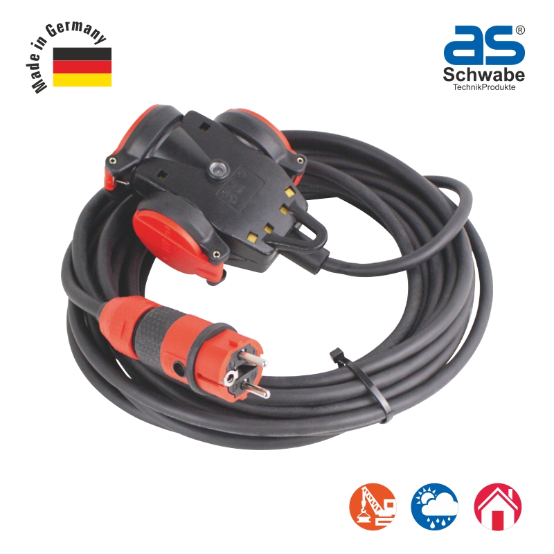 Удлинитель as - Schwabe SCHUKOultra Pro 3 розетки, кабель 5 м, H07RN-F 3G1.5, IP54, черный/красный 62255
