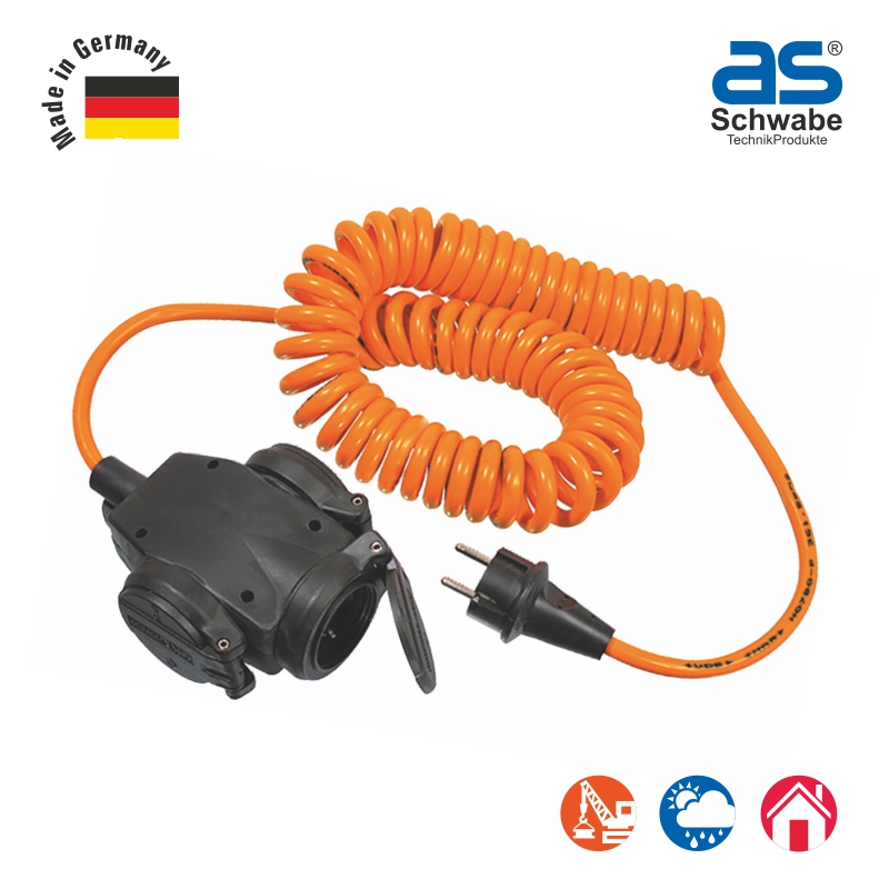 Спиральный удлинитель as - Schwabe 3 розетки, растяжимый кабель от 1 до 5 м, H07BQ-F 3G1.5, IP44, оранжевый 70414
